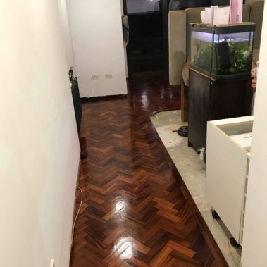 Reclaimed mahogany parquet installed - Weatherby