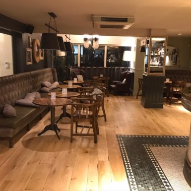 The Old Bulls Head is a very busy premium pub, bar, and restaurant, centrally located in the heart of the picturesque town of Woodhouse Eaves needed his oak floor restoration. When the customer contacted us he was very concerned how restoring the floor will impact on his business, we have reassured him we will carry on the work during the night with the pub being ready to serve his customers the next day. A total of 90sm we have completed in two sections over two nights. The floor was sanded down, stained with dark oak stain and completed with 4 coats of Junckers HP lacquer.