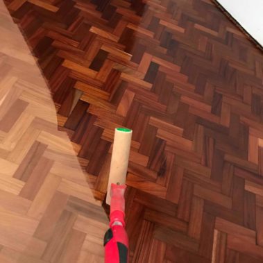 Reclaimed mahogany parquet installed - Weatherby